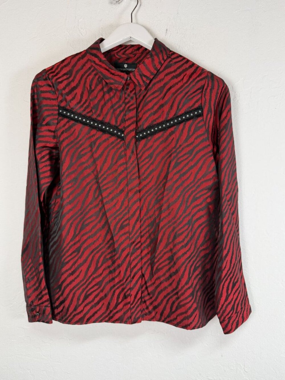 Freeman T. Porter "Crizia Red Zebra" Studded Button-Up Blouse Top Womens Medium